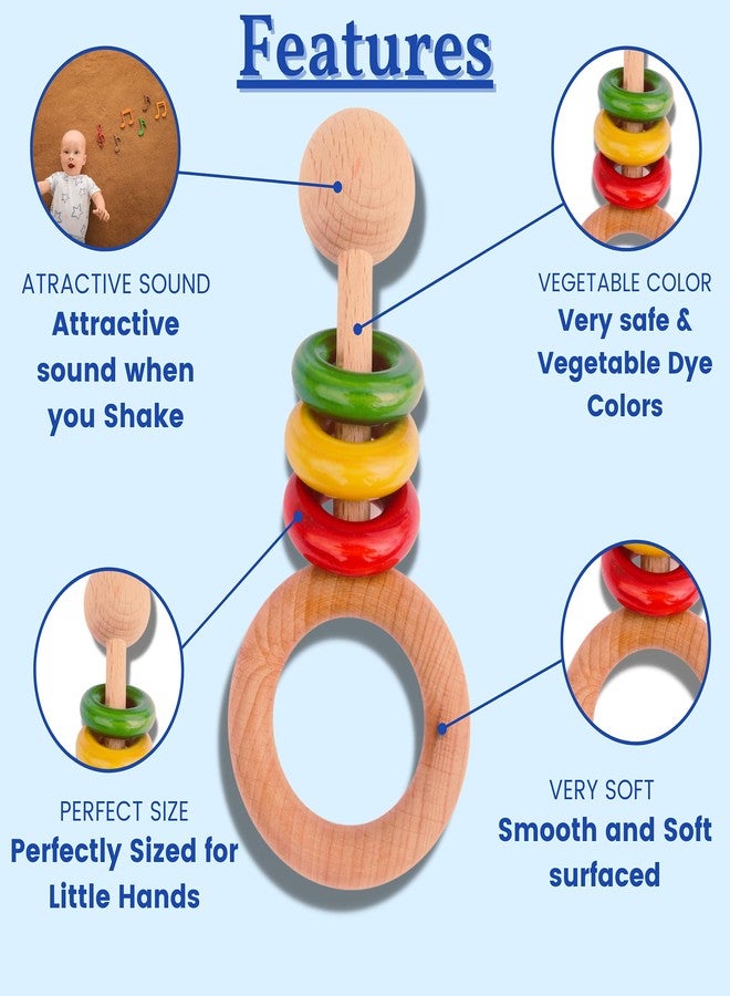 Gift Equals Love Wooden Hand Crafted Rattle for Kids, Babies, Infants, Non Toxic Finished Natural Beech & Ivory Wood- Multi Color Perfect Montessori Grasping Early Development Toy (3 Rings) - Image 2